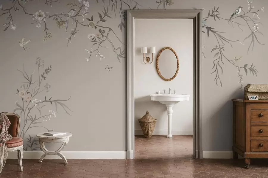 Fototapety Kvetinový ornament s vtákmi na neutrálnom pozadí w05127v3