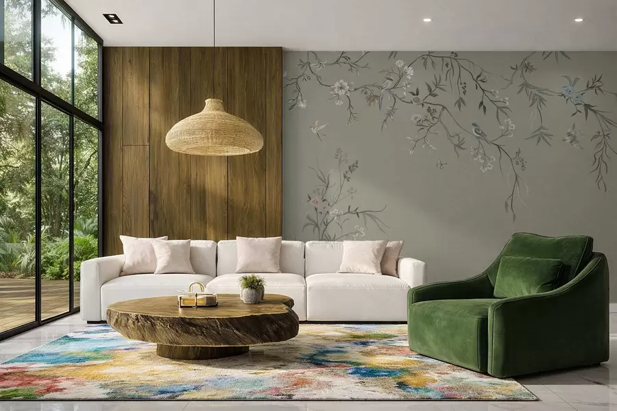 Fototapety Kvetinový vzor s vtákmi na chladnom pozadí w05127v6