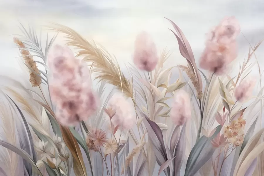Fototapety Ružová a béžová tráva pampas a ďalšie sušené kvety s jemnou, zamračenou oblohou v pozadí w09635