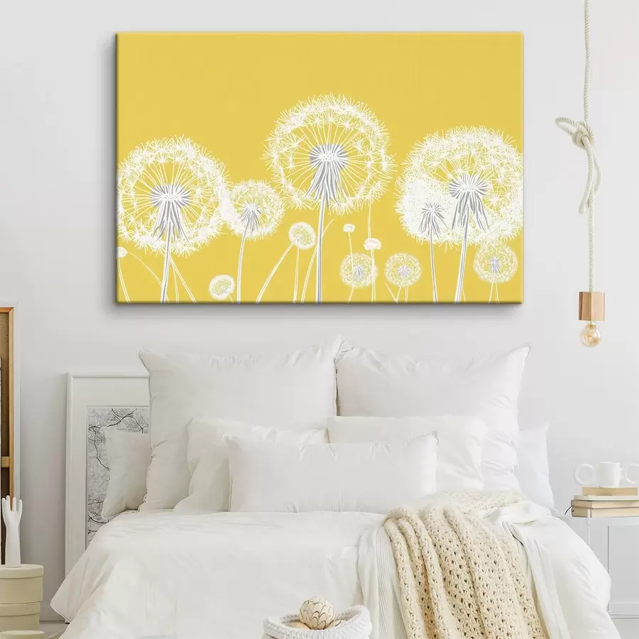 Fototapety Biele púpavy na žltom pozadí s47890