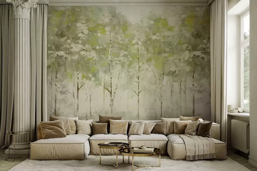 Fototapety Štylizovaný les so štíhlymi stromami v zelených odtieňoch w05221v1