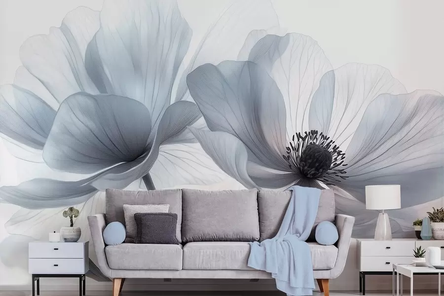 Fototapety Priehľadné modro-biele kvety na svetlom pozadí w09720