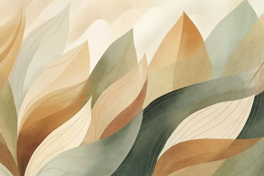 Fototapety Abstraktné listy, tlmené zemité odtiene zelenej a oranžovej farby s jemnými detailmi línií, mäkká akvarelová textúra w09736