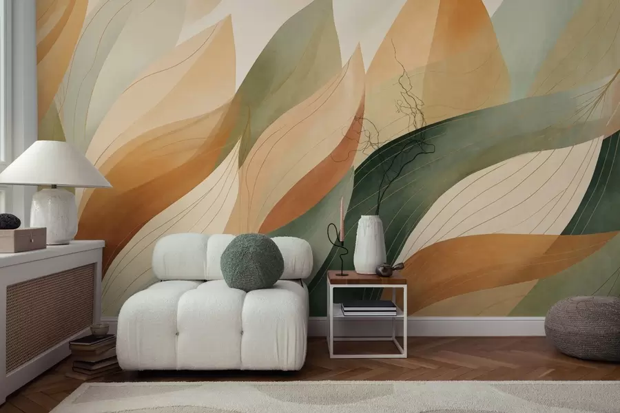 Fototapety Abstraktné listy, tlmené zemité odtiene zelenej a oranžovej farby s jemnými detailmi línií, mäkká akvarelová textúra w09736