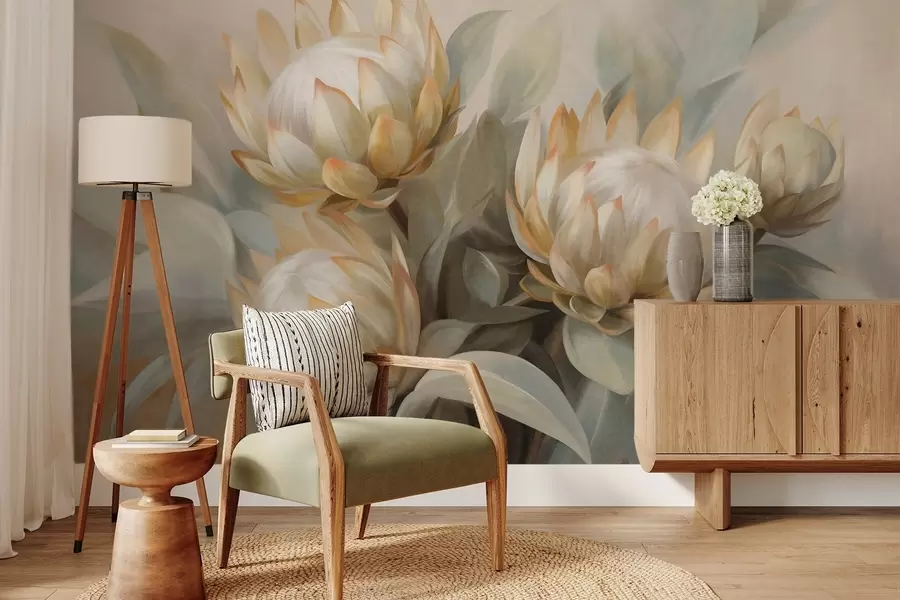 Fototapety Textúrované kvety protey so zelenými listami a jemným, rozmazaným pozadím w09738