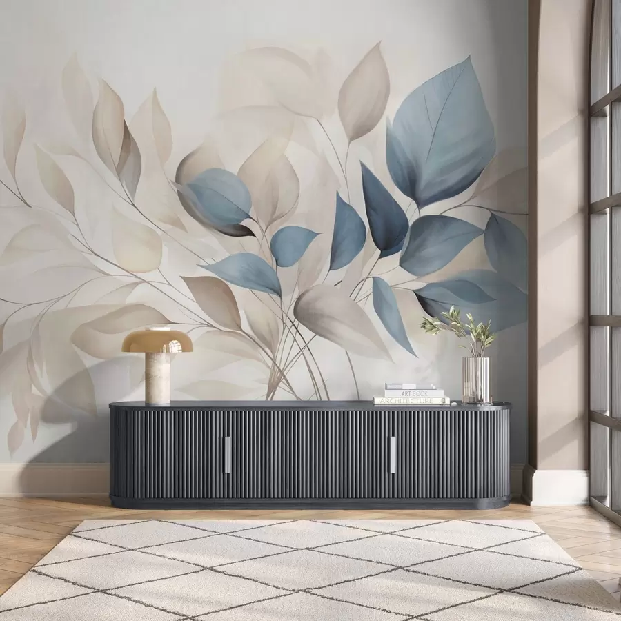 Fototapety Abstraktné priehľadné listy v odtieňoch modrej, béžovej a smotanovej farby, textúrované umenie w09744