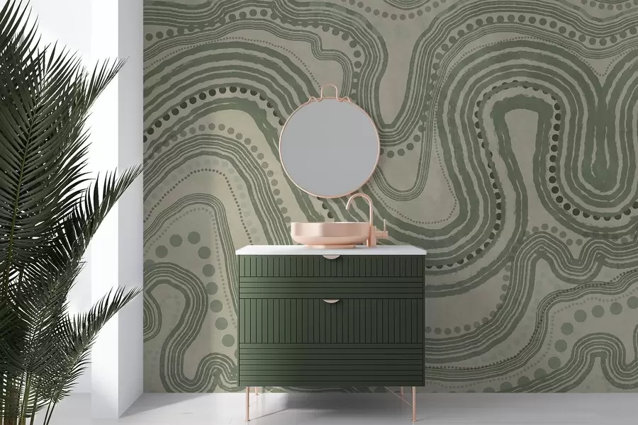 Fototapety Abstraktné zelené a béžové vlnovky a bodky, moderné textúrované umenie w09747