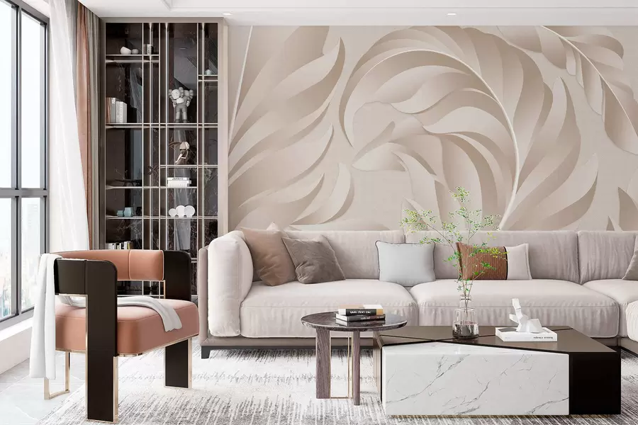 Fototapety veľké textúrované pierka v béžových a púdrových odtieňoch w05231