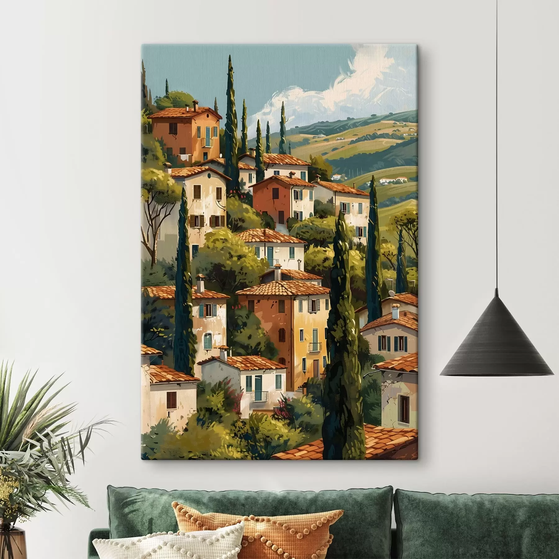 Obraz stredomorská dedina na svahu, domy v teplých odtieňoch s terakotovými strechami s47950