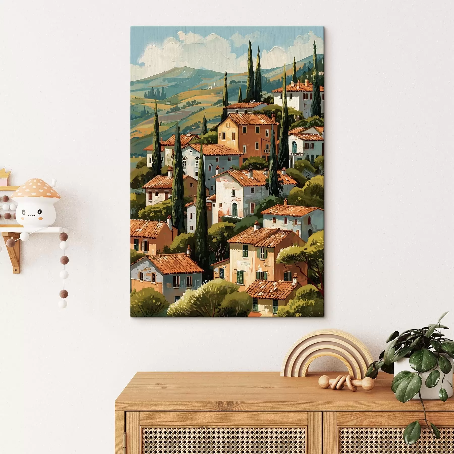 Obraz stredomorská dedina na svahu, domy v teplých odtieňoch s terakotovými strechami s47951