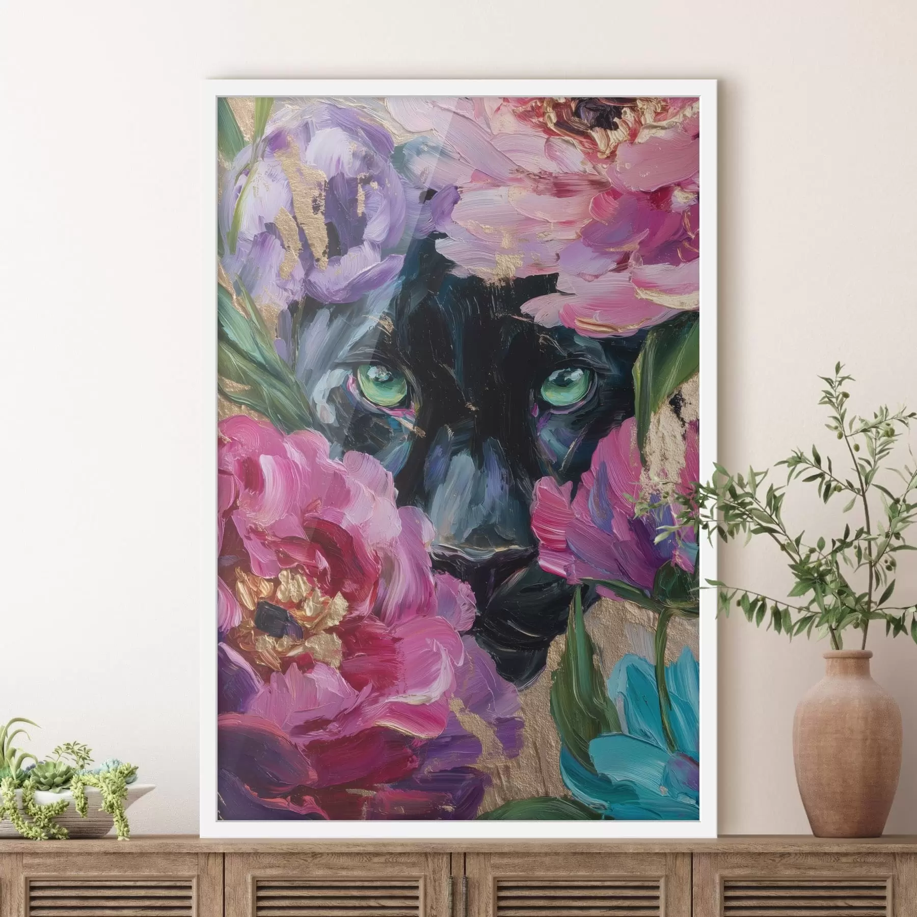 Fototapety čierna pantera vykúka spomedzi pivoniek f47936