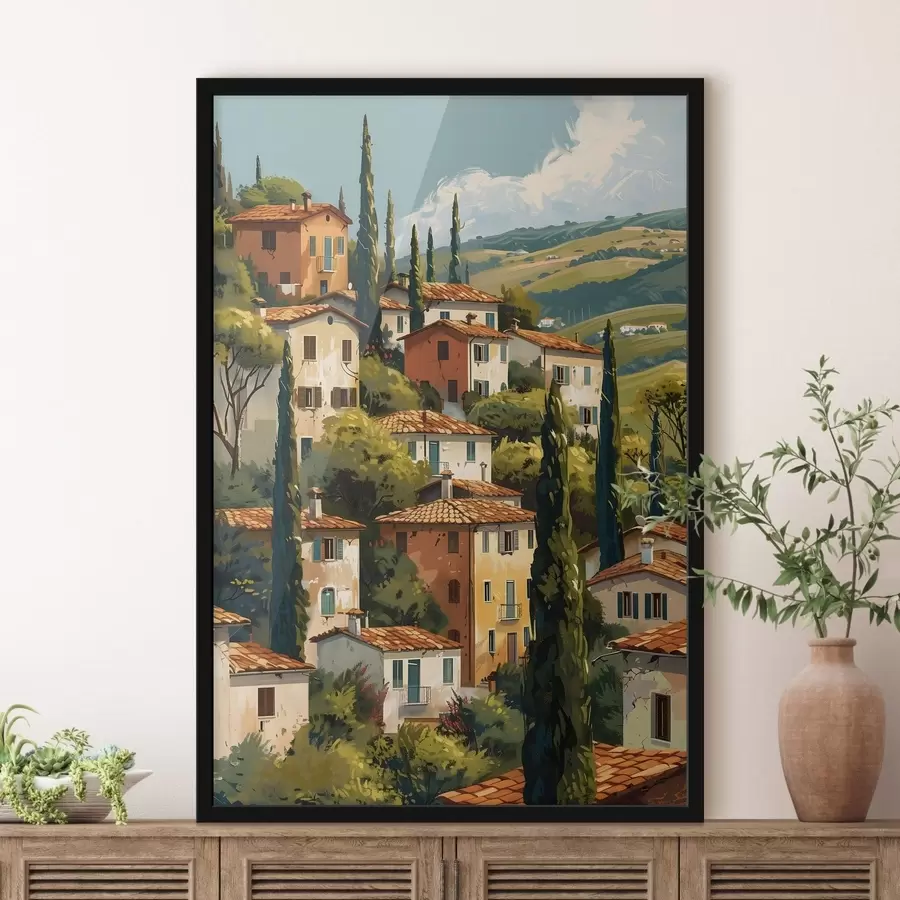 Fototapety stredomorská dedina na svahu, domy v teplých odtieňoch s terakotovými strechami f47950