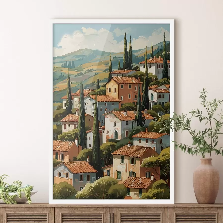 Fototapety stredomorská dedina na svahu, domy v teplých odtieňoch s terakotovými strechami f47951