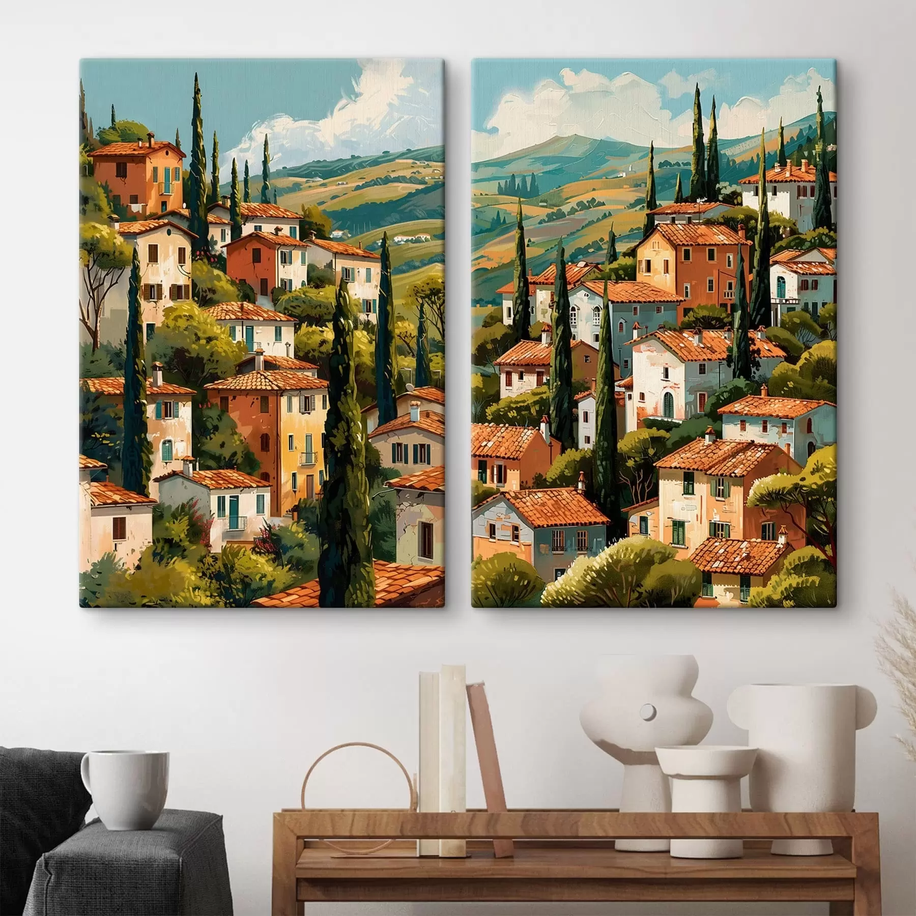 Obraz stredomorská dedina na svahu, domy v teplých odtieňoch s terakotovými strechami m30097