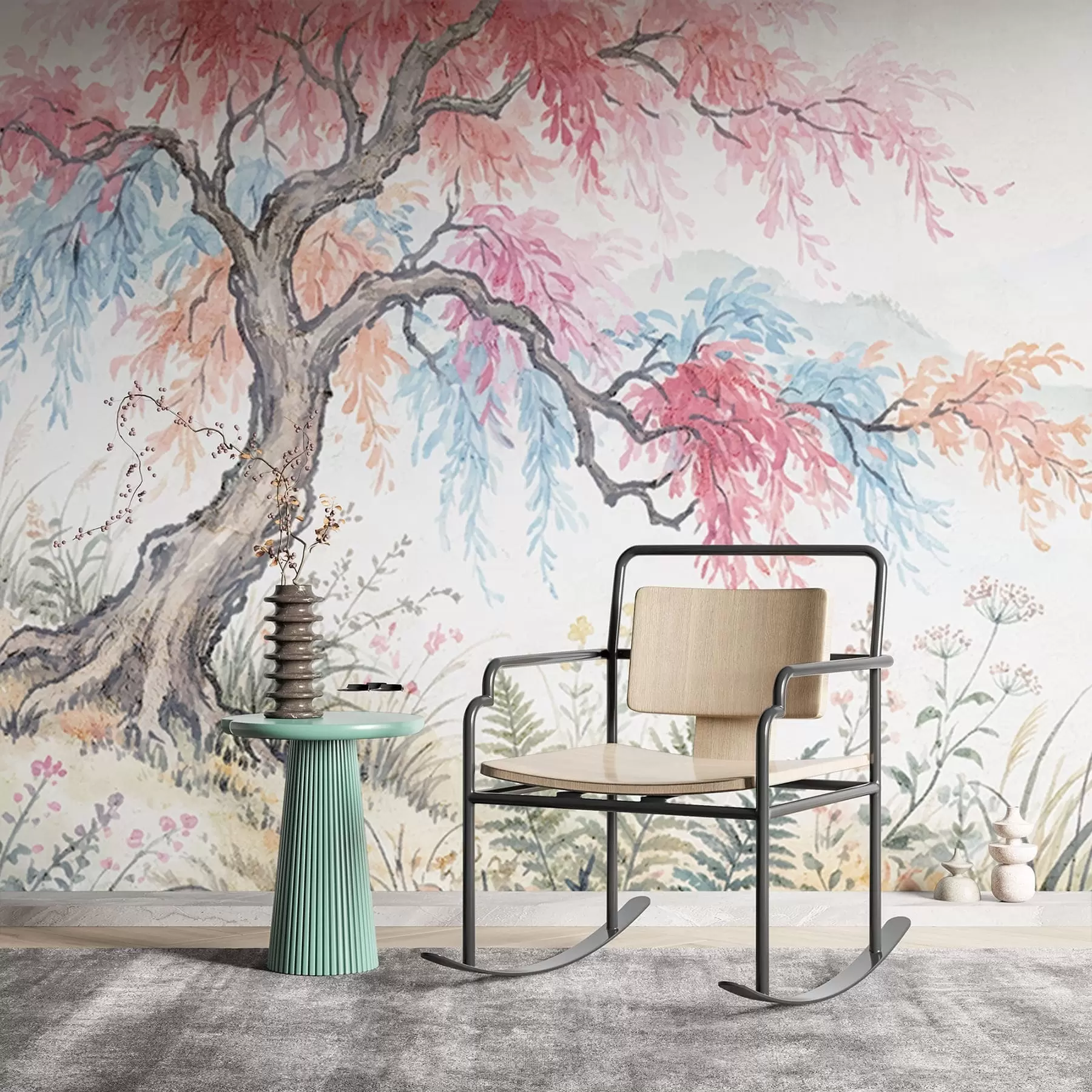 Fototapety Maľovaná farebná záhrada na betónovej stene w05246