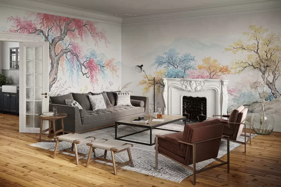 Fototapety Maľovaná farebná záhrada na betónovej stene w05246