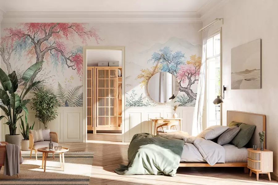 Fototapety Maľovaná farebná záhrada na betónovej stene w05246