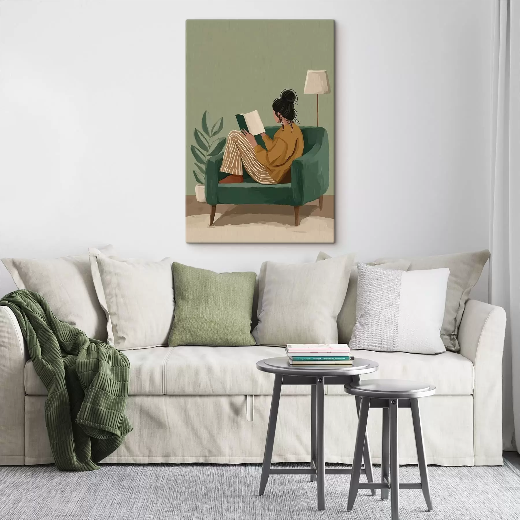 Obraz minimálna útulná ilustrácia ženy sediacej v kresle a čítajúcej s48118