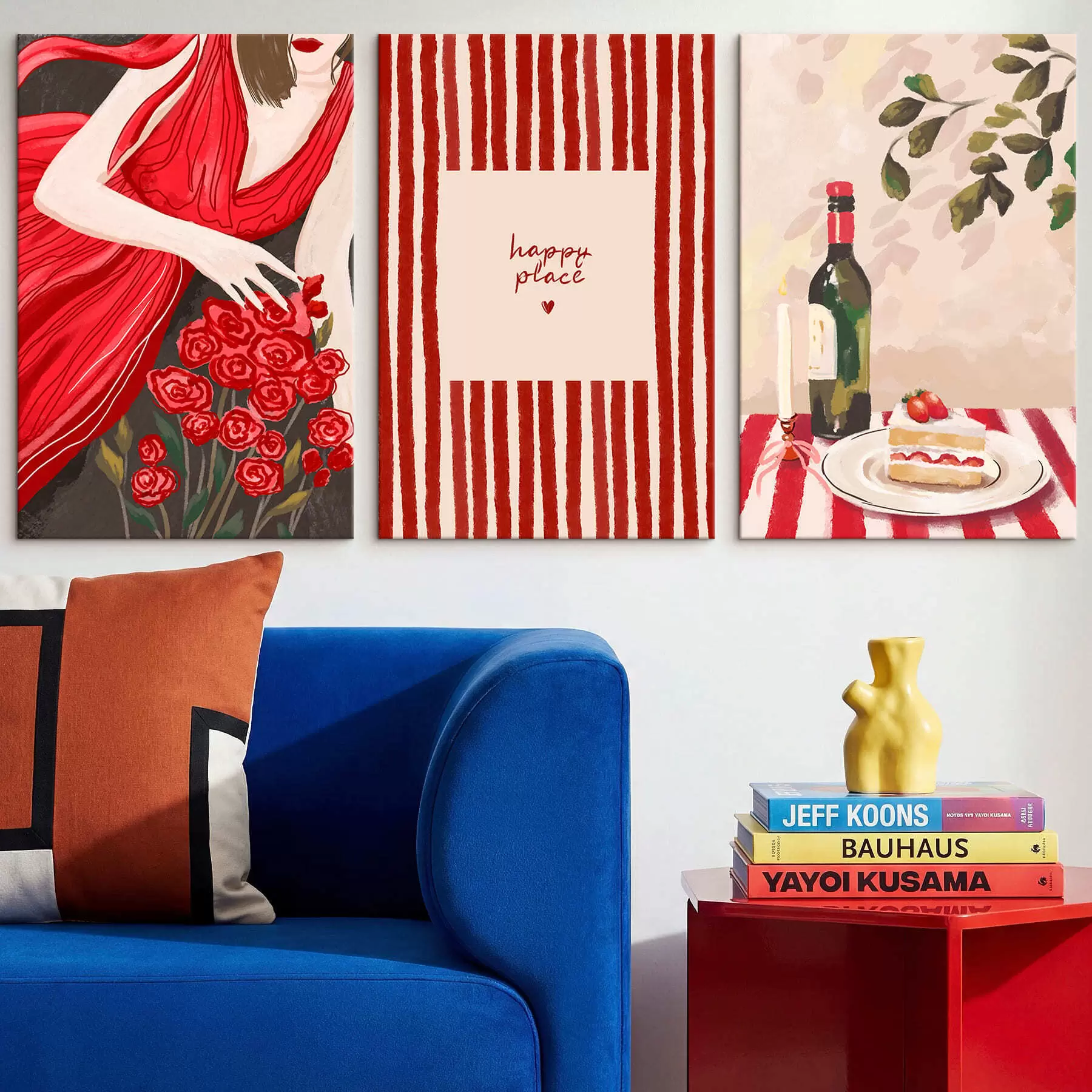 Obraz Žena s ružami, pruhovaným plagátom a stolom m30099