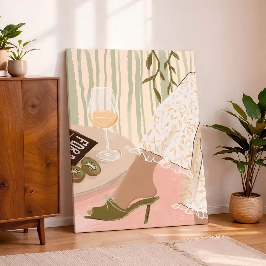 Obraz Stôl s pohárom na víno a kiwi pri šatách s48021