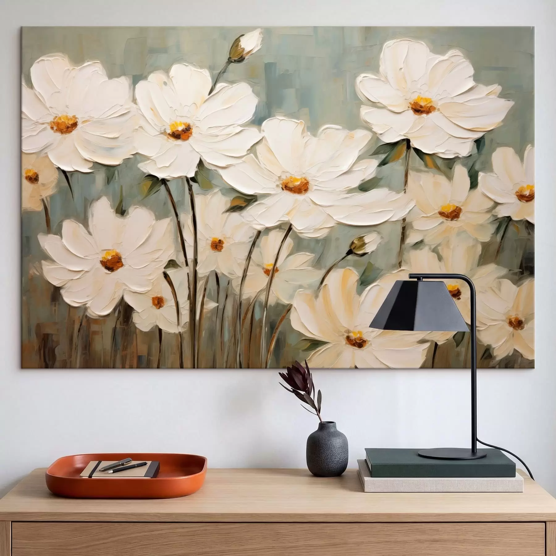 Obraz Biele kvety na textúrovanom pozadí, ťahy štetcom s48094