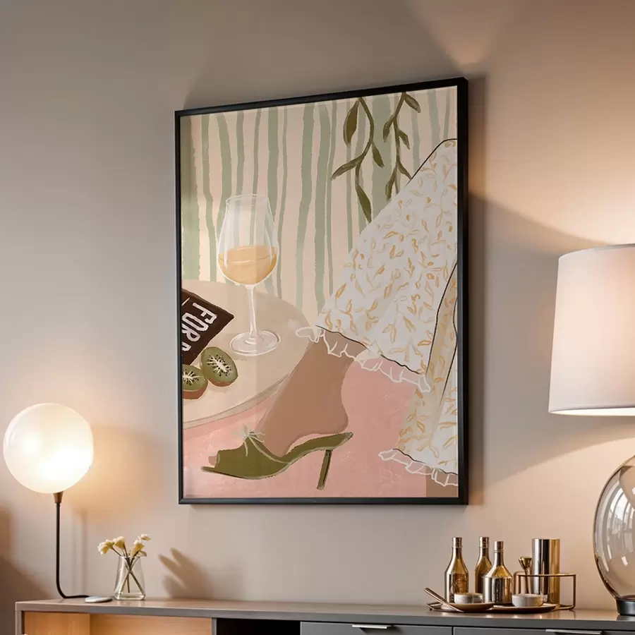 Fototapety Stôl s pohárom na víno a kiwi pri šatách f48021