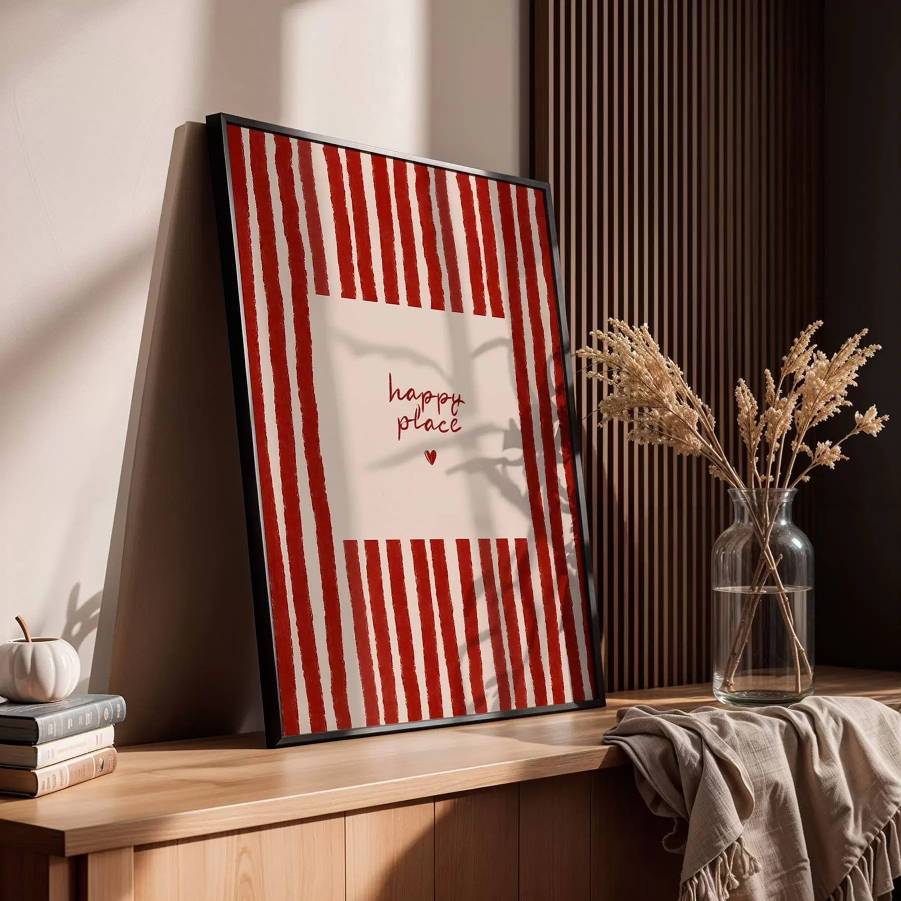 Fototapety Červené pruhy s textom „happy place“ (šťastné miesto) f48025