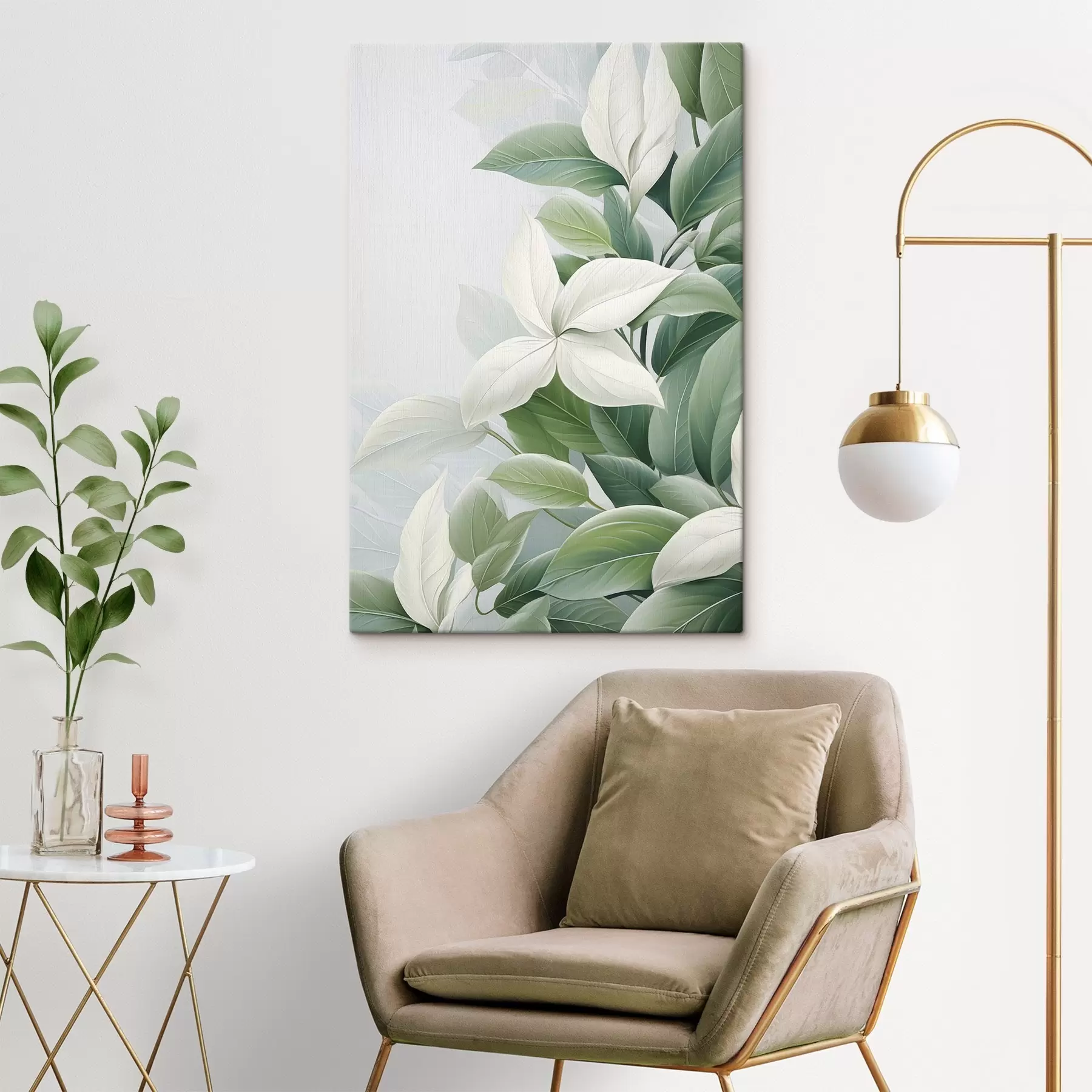 Obraz Biele kvety so zelenými listami, pastelové pozadie s47870