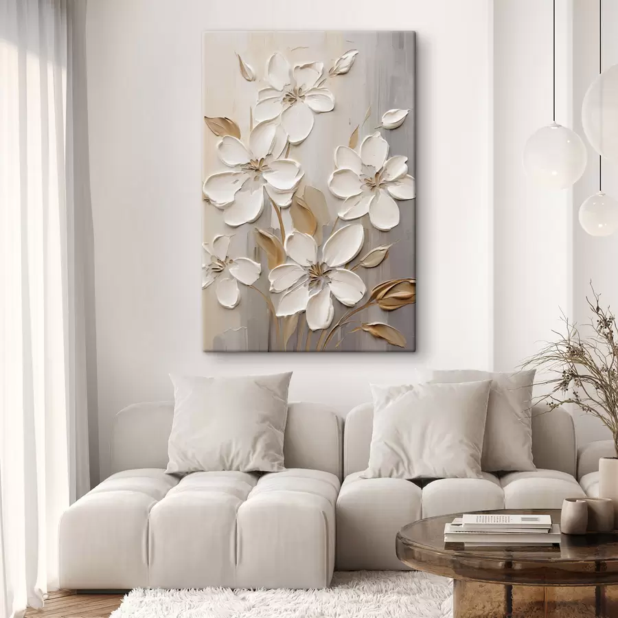 Obraz Abstraktné biele kvety s textúrovanými okvetnými lístkami na neutrálnom pozadí s jemnými imitáciami štetcom s47874