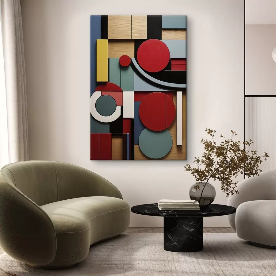 Obraz Abstraktná geometrická kompozícia s imitáciou drevenej textúry, červenými, čiernymi, bielymi a tyrkysovými obdĺžnikmi a kruhmi s47876