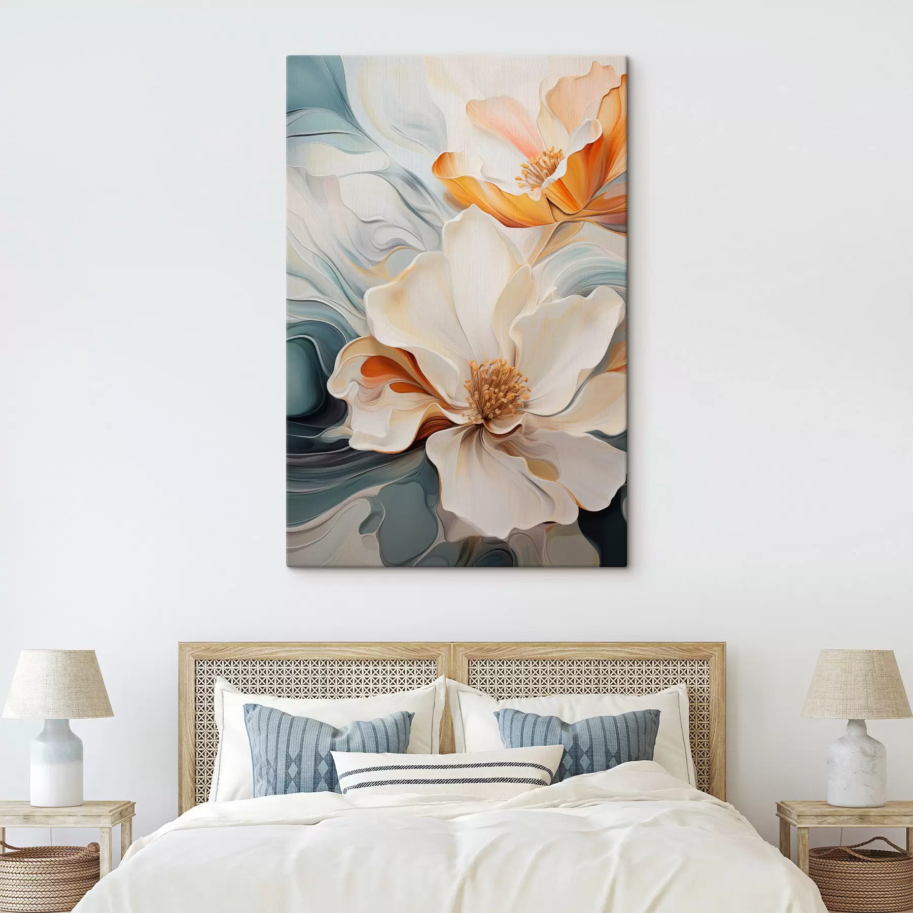 Obraz Abstraktný veľký kvet s bielymi, oranžovými a tyrkysovými okvetnými lístkami, textúrované pozadie s47878