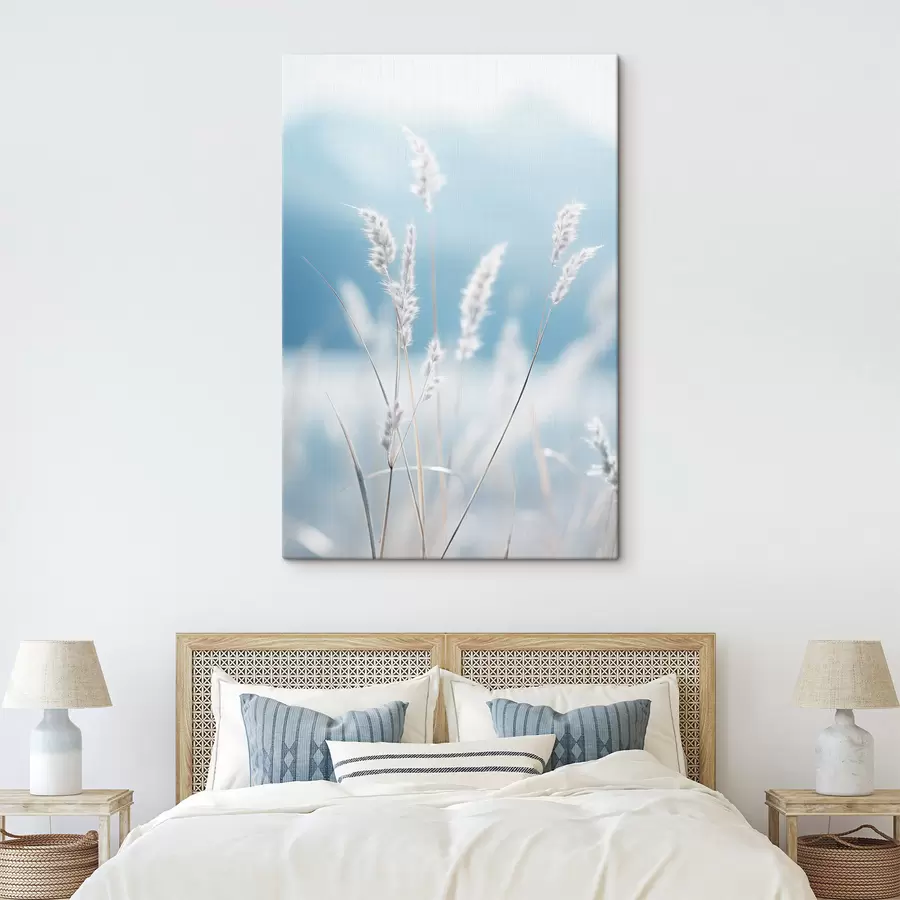 Obraz Biela nadýchaná tráva na pozadí jemnej modrej oblohy s malou hĺbkou ostrosti s47880