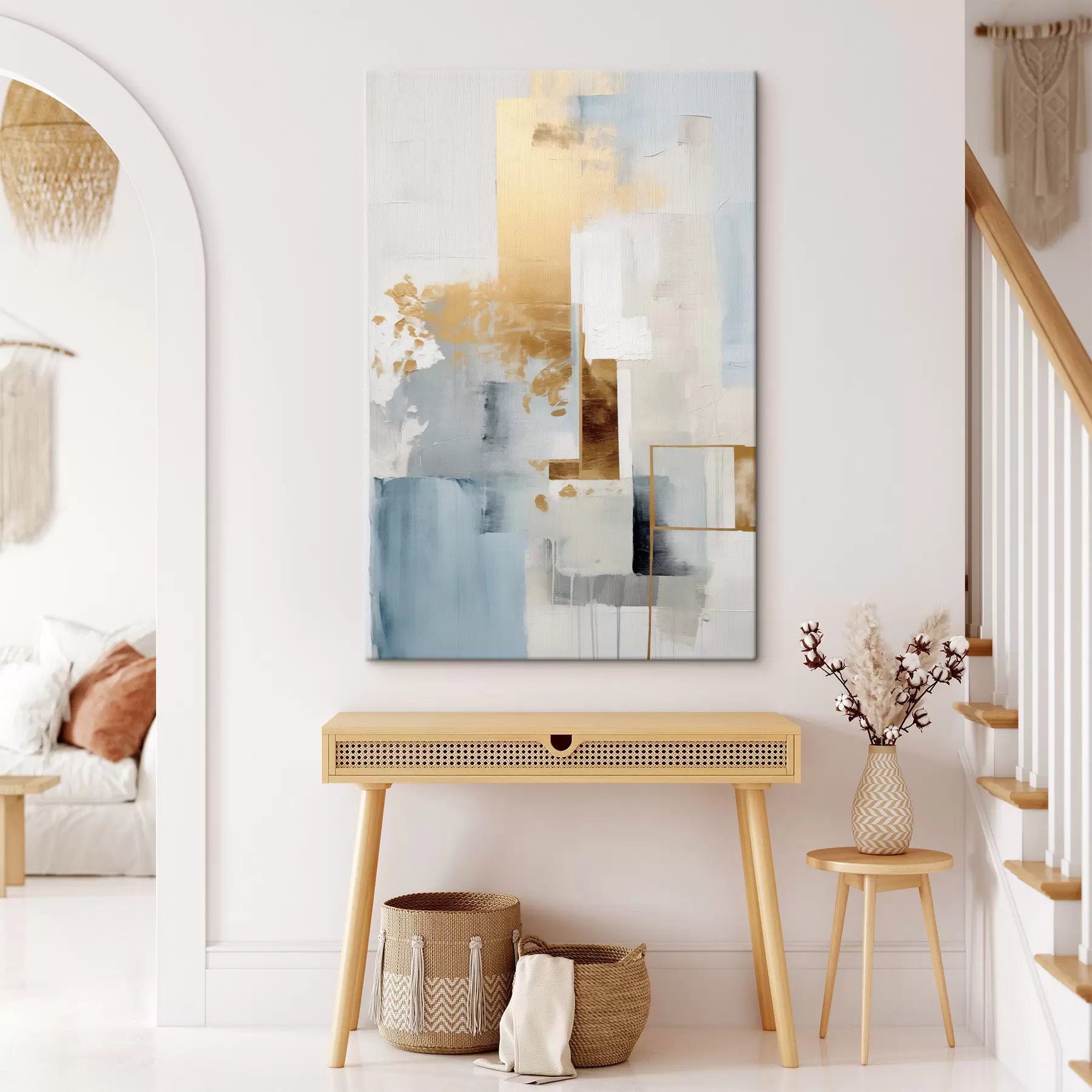 Obraz Abstraktné geometrické tvary v žltých, modrých a bielych farbách, textúrovaná a minimalistická kompozícia s47881