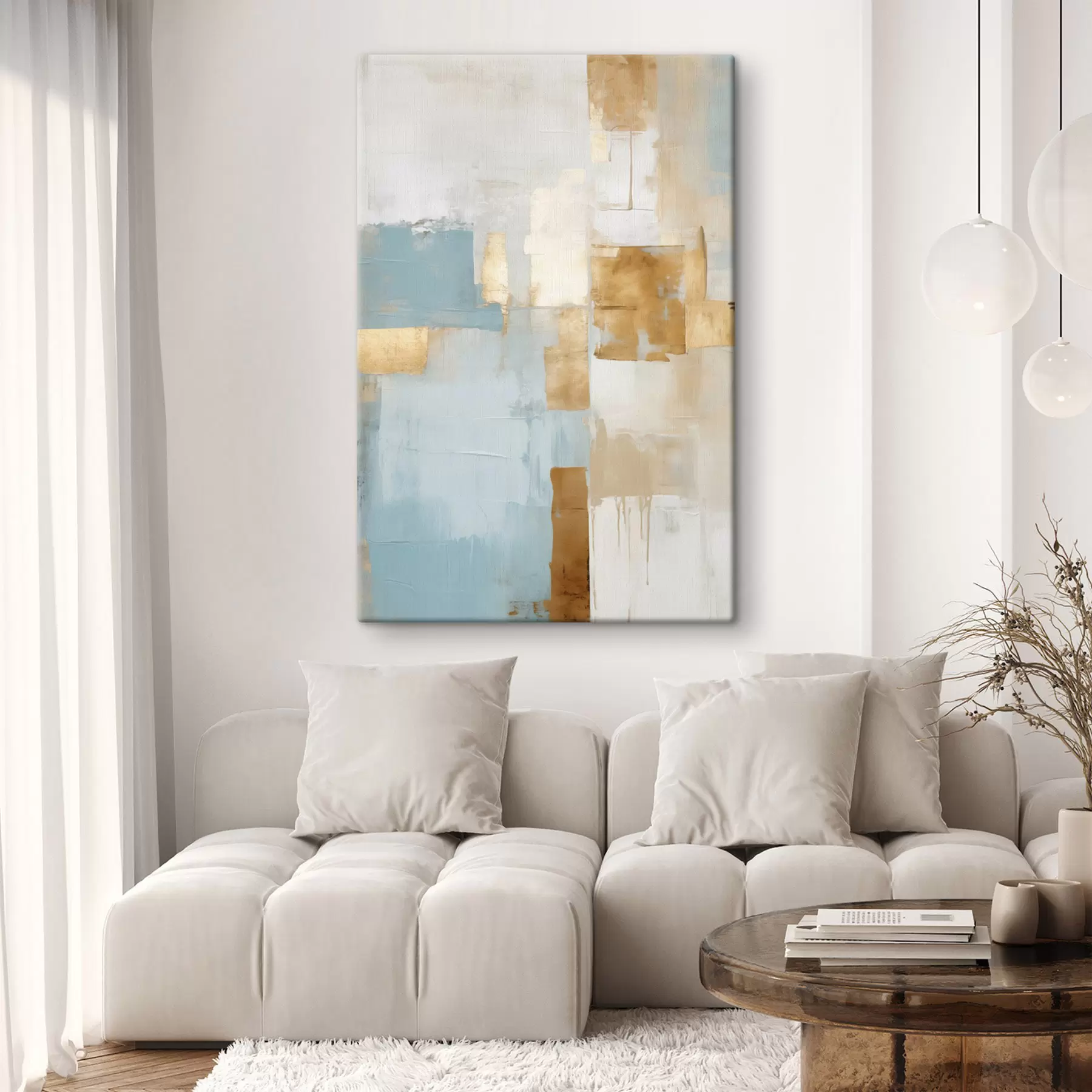 Obraz Abstraktné geometrické tvary v žltých, modrých a bielych farbách, textúrovaná a minimalistická kompozícia s47882