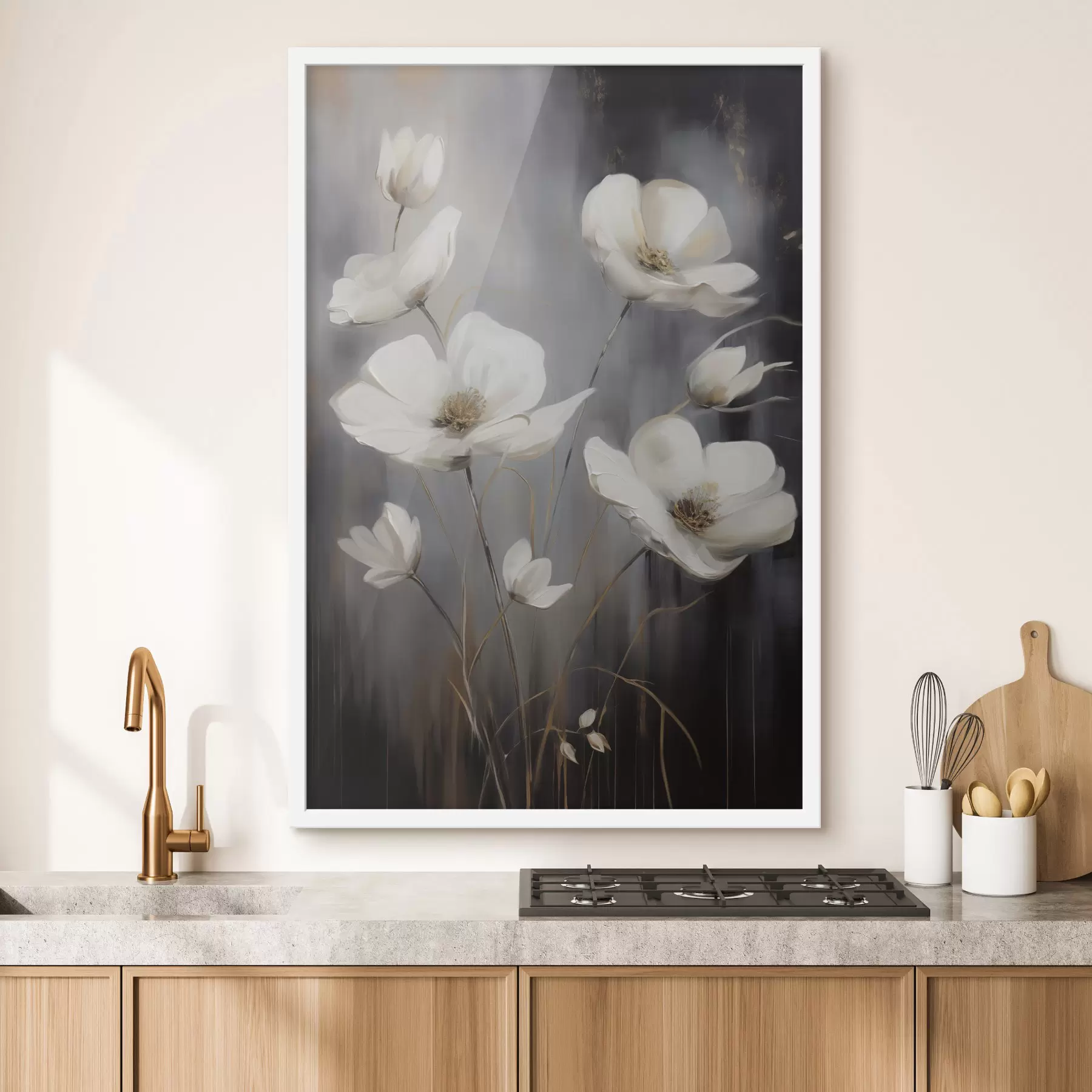 Fototapety Biele kvety s hnedým stredom a tenkými stonkami na tmavom, textúrovanom pozadí f47858