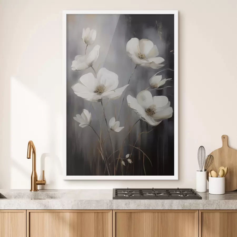 Fototapety Biele kvety s hnedým stredom a tenkými stonkami na tmavom, textúrovanom pozadí f47858