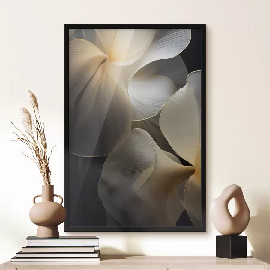 Fototapety Abstraktné, vlajúce, priehľadné okvetné lístky s jemnými líniami na tmavom pozadí f47859