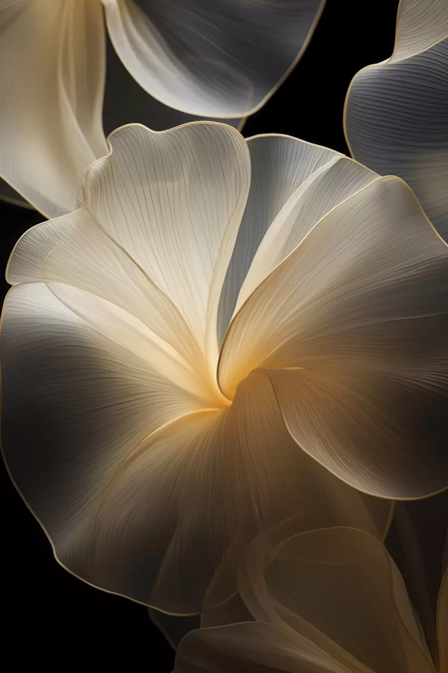 Fototapety Abstraktné, vlajúce, priehľadné okvetné lístky s jemnými líniami na tmavom pozadí f47860