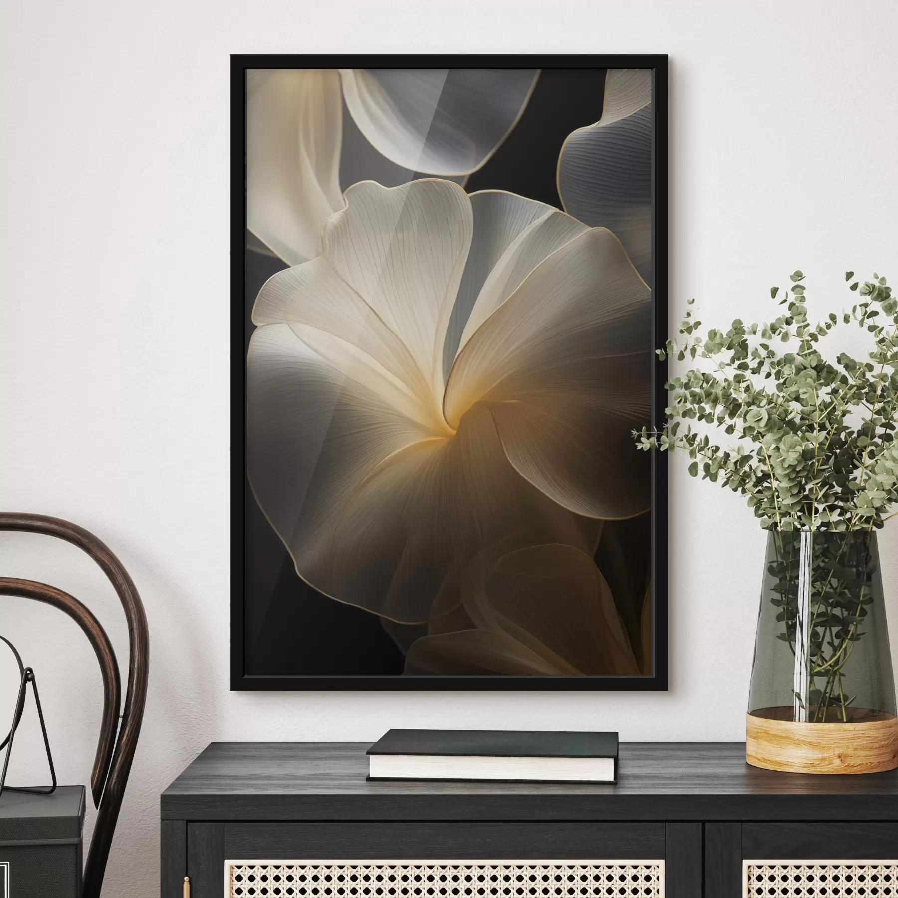 Fototapety Abstraktné, vlajúce, priehľadné okvetné lístky s jemnými líniami na tmavom pozadí f47860