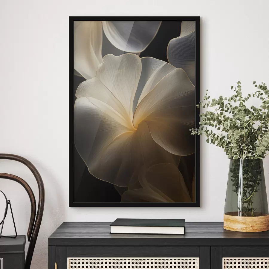 Fototapety Abstraktné, vlajúce, priehľadné okvetné lístky s jemnými líniami na tmavom pozadí f47860