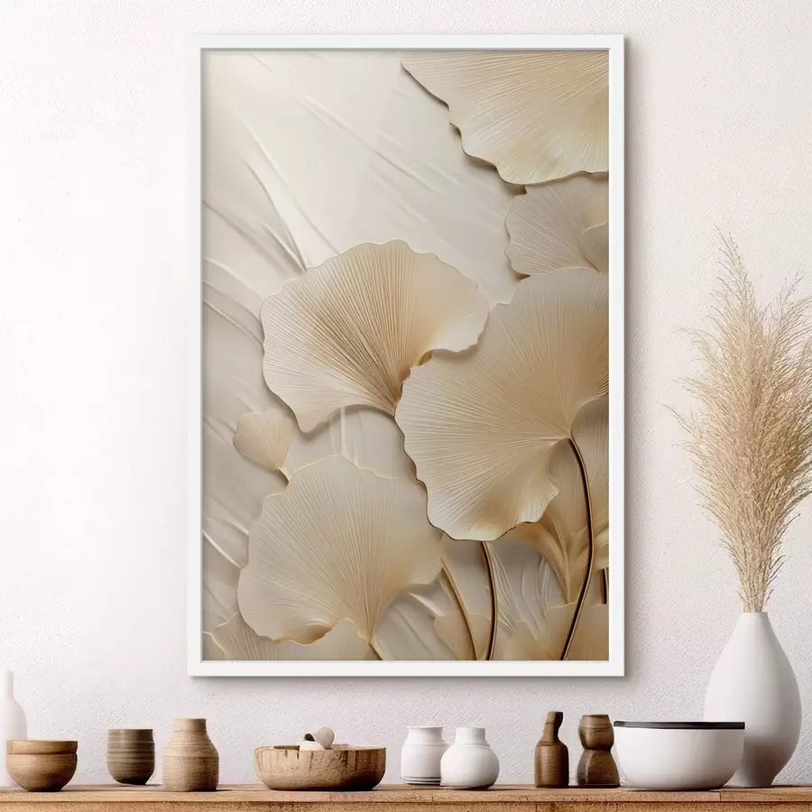 Fototapety Abstraktné listy ginkga na textúrovanom, svetlom pozadí, elegantná a abstraktná kompozícia f47867