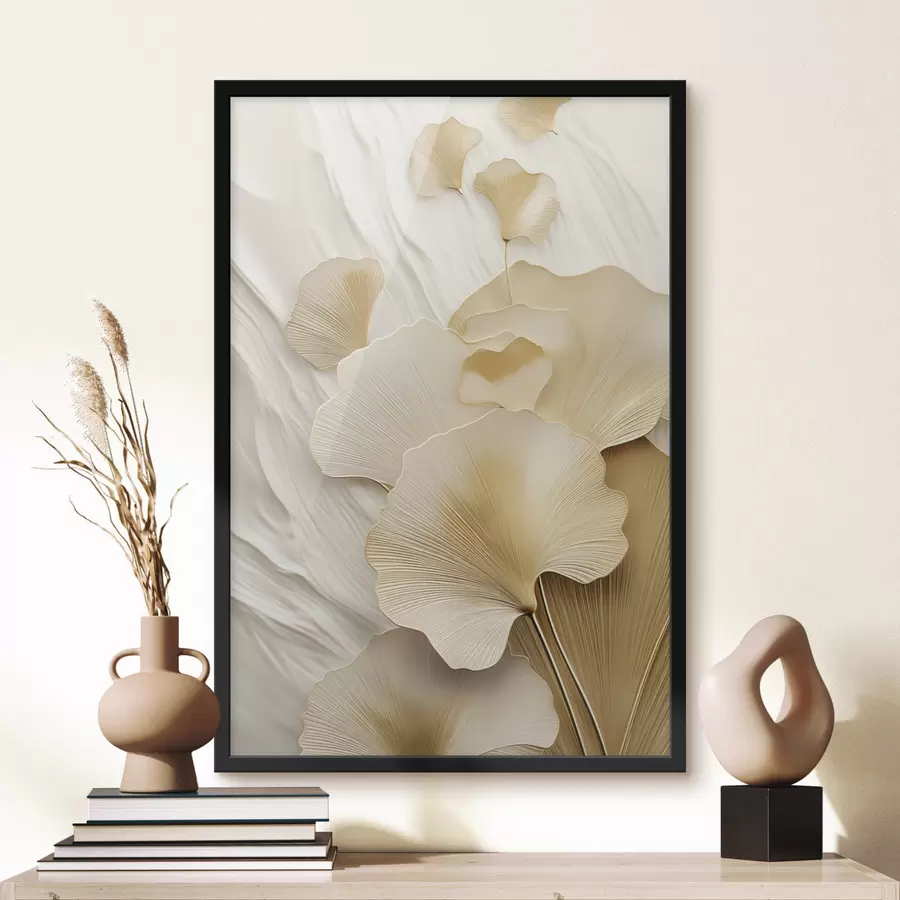 Fototapety Abstraktné listy ginkga na textúrovanom, svetlom pozadí, elegantná a abstraktná kompozícia f47868