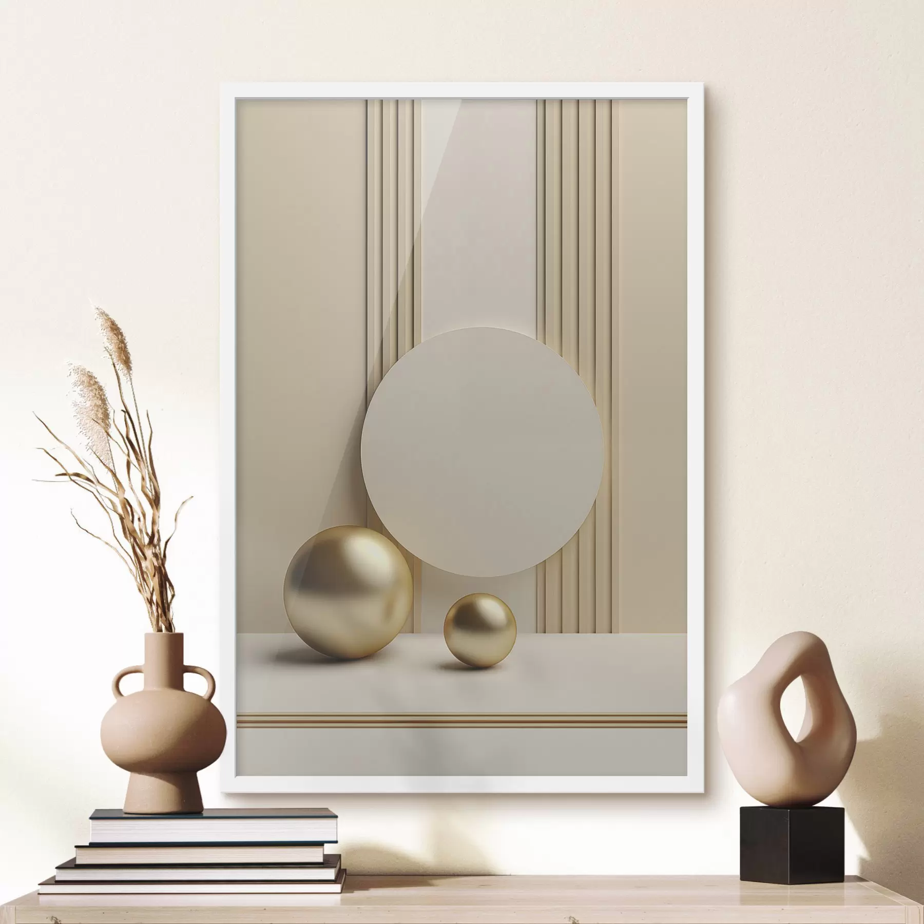 Fototapety Abstraktné béžové moderné umenie s vertikálnymi čiarami a guľami f47872