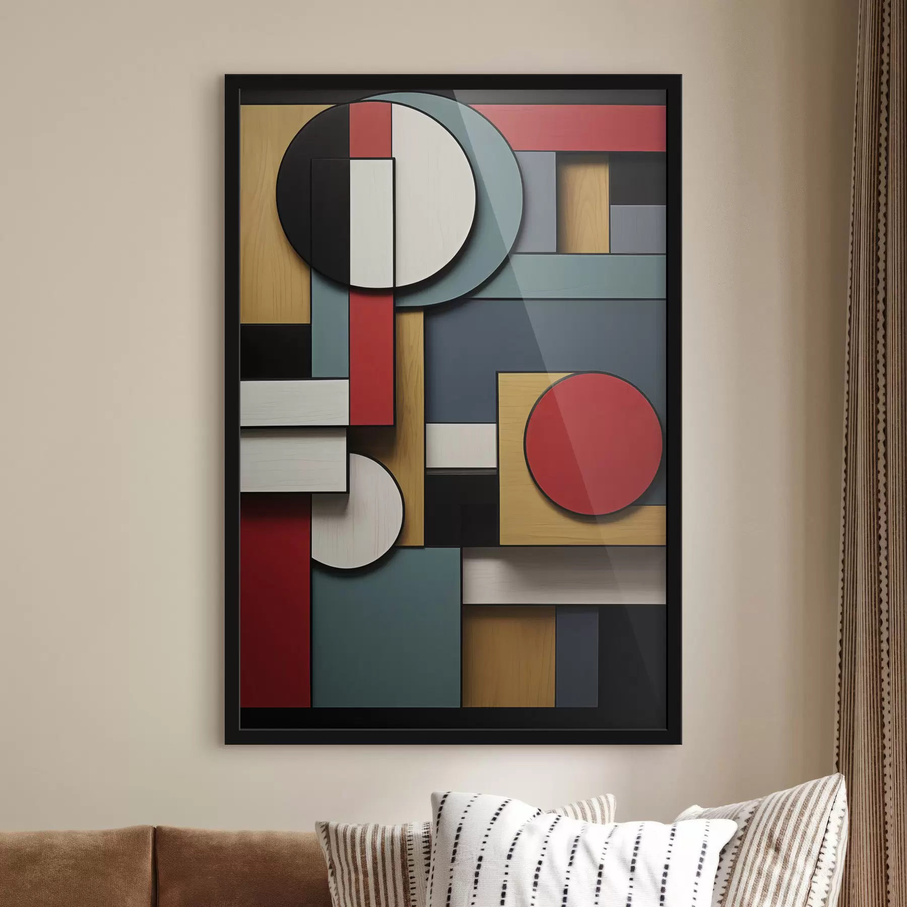 Fototapety Abstraktná geometrická kompozícia s imitáciou drevenej textúry, červenými, čiernymi, bielymi a tyrkysovými obdĺžnikmi a kruhmi f47875