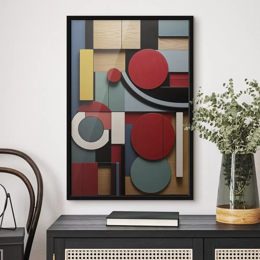 Fototapety Abstraktná geometrická kompozícia s imitáciou drevenej textúry, červenými, čiernymi, bielymi a tyrkysovými obdĺžnikmi a kruhmi f47876