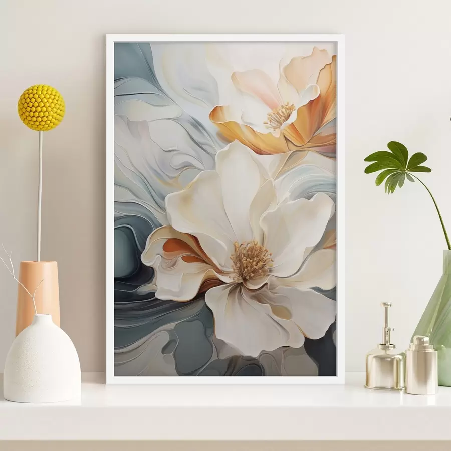 Fototapety Abstraktný veľký kvet s bielymi, oranžovými a tyrkysovými okvetnými lístkami, textúrované pozadie f47878