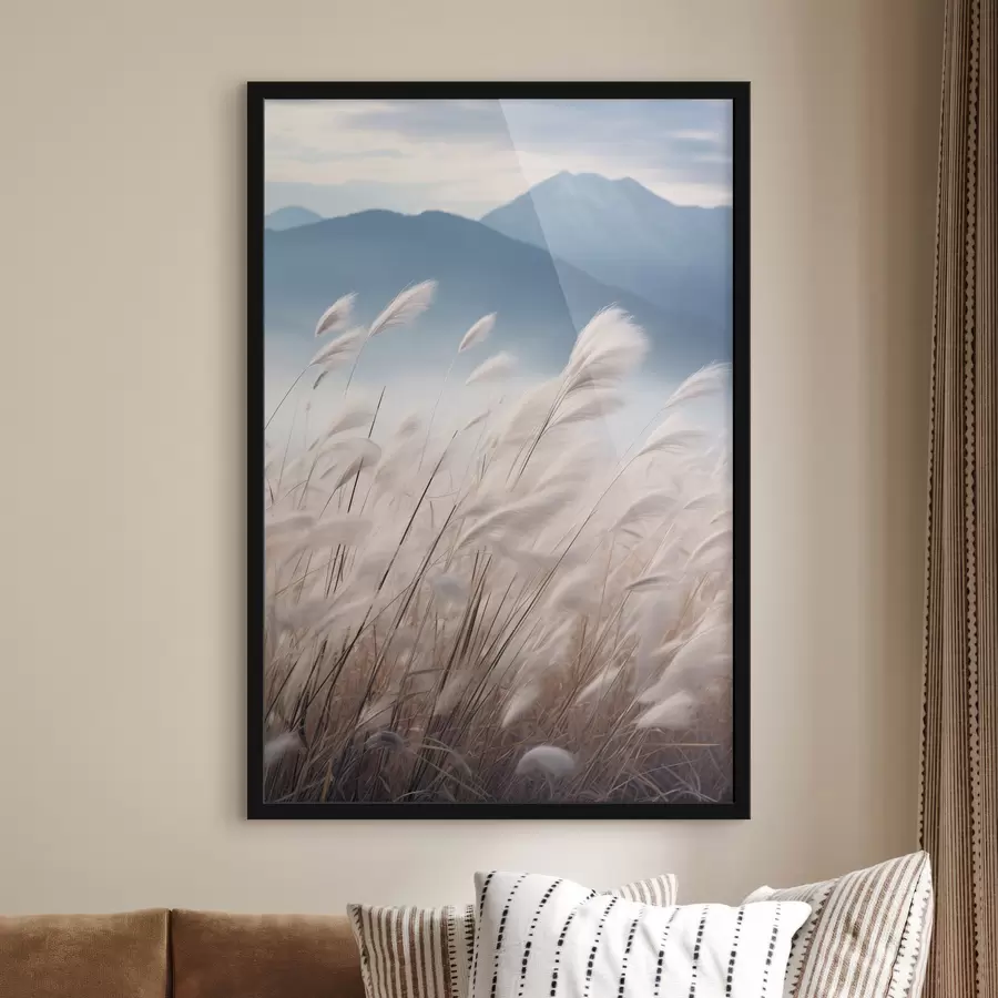 Fototapety Vysoká, biela tráva pampasová vlajúca vo vetre s jemnými modrými horami v pozadí f47879