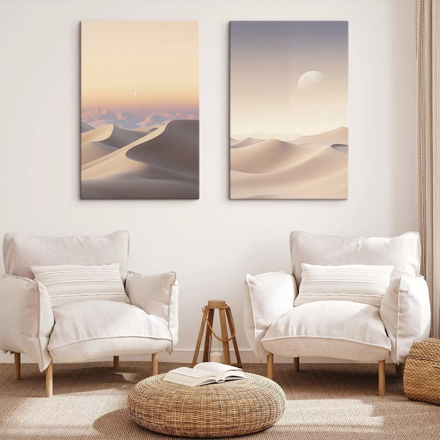 Obraz Púštna krajina s vlniacimi sa pieskovými dunami pod jemnou pastelovou oblohou, v pozadí vzdialené hory m30053