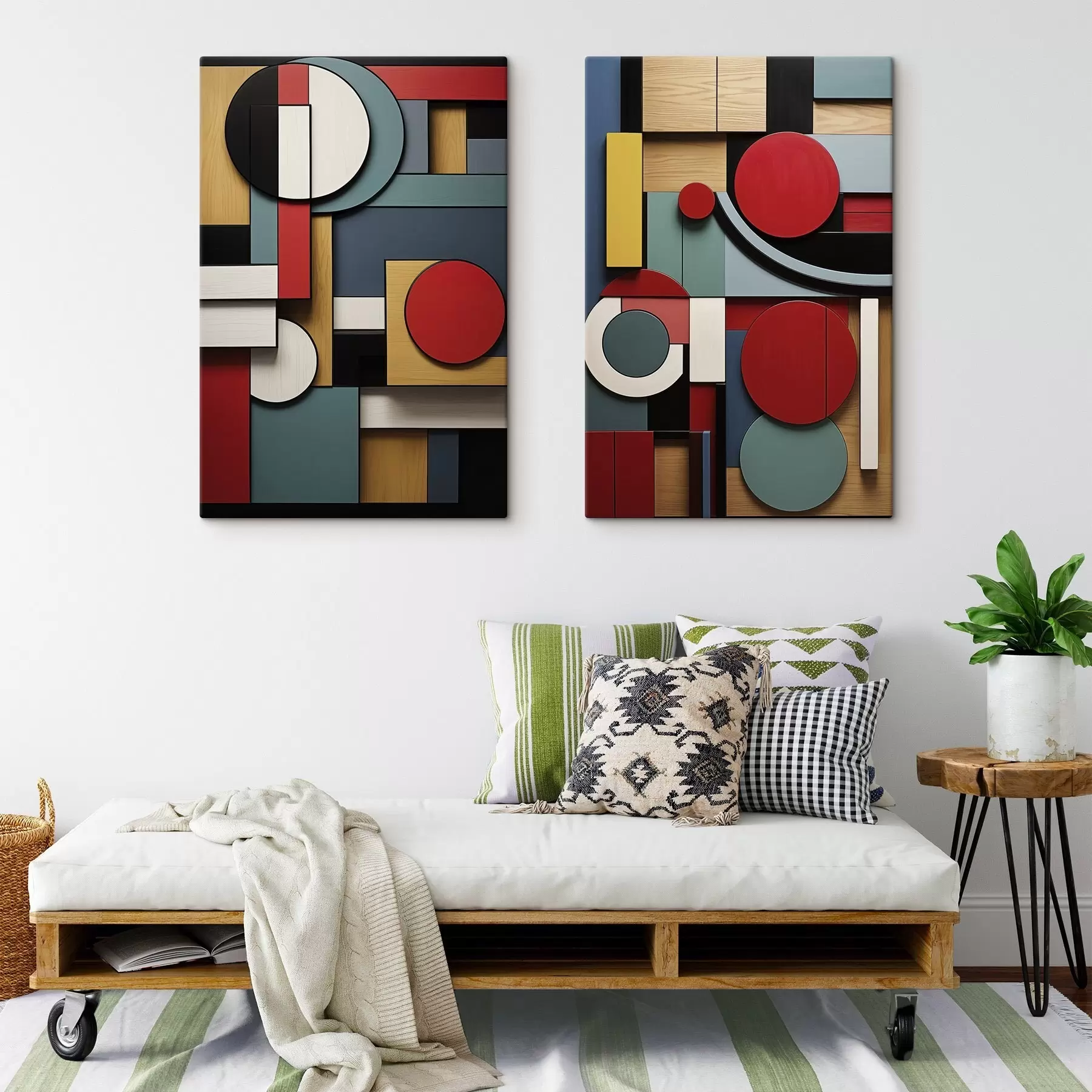 Obraz Abstraktná geometrická kompozícia s imitáciou drevenej textúry, červenými, čiernymi, bielymi a tyrkysovými obdĺžnikmi a kruhmi m30058