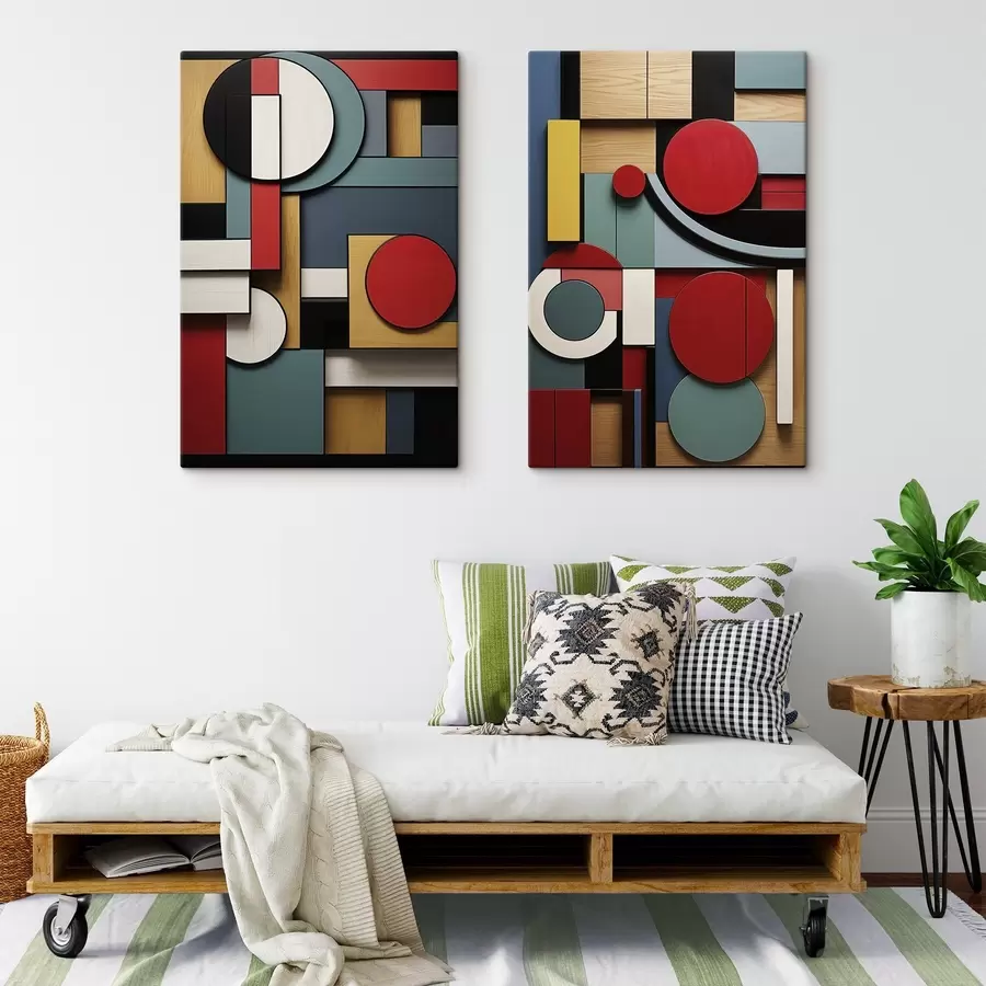 Obraz Abstraktná geometrická kompozícia s imitáciou drevenej textúry, červenými, čiernymi, bielymi a tyrkysovými obdĺžnikmi a kruhmi m30058